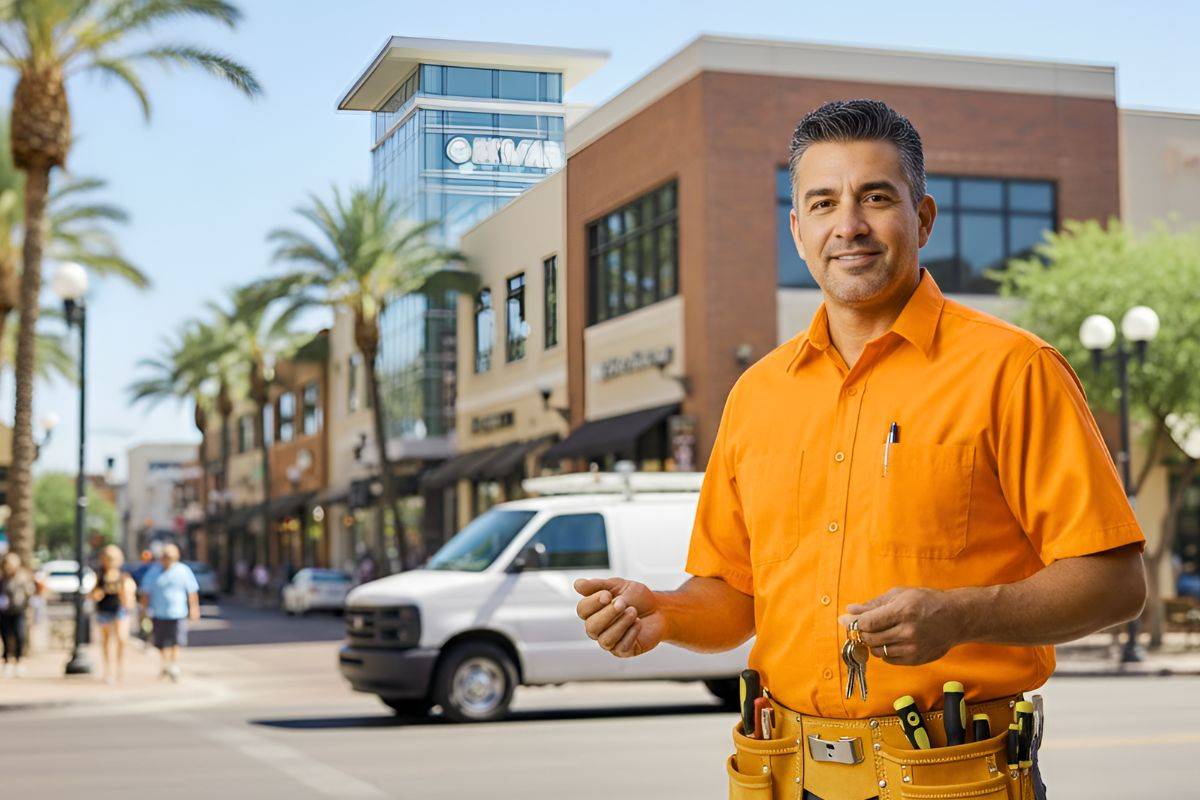 Discount Locksmith of Tucson locksmith installing a keypad deadbolt in Tucson, AZ