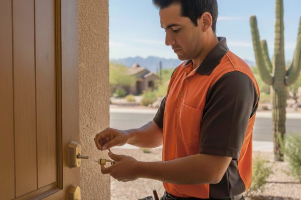 Professional locksmith Tucson technician performing a rekey service on a residential deadbolt