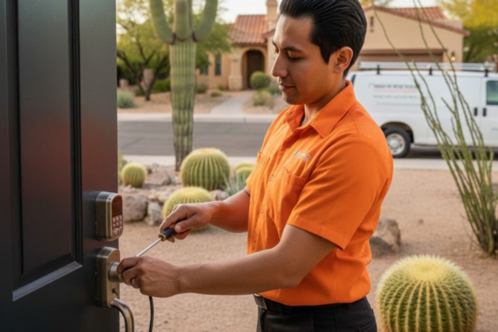 Professional locksmith Tucson technician using non-destructive tools on a residential deadbolt.