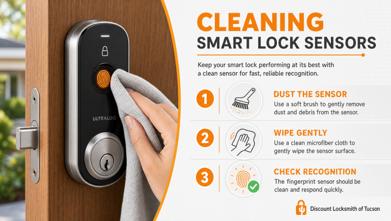 Infographic on cleaning smart lock biometric fingerprint sensors by Discount Locksmith of Tucson