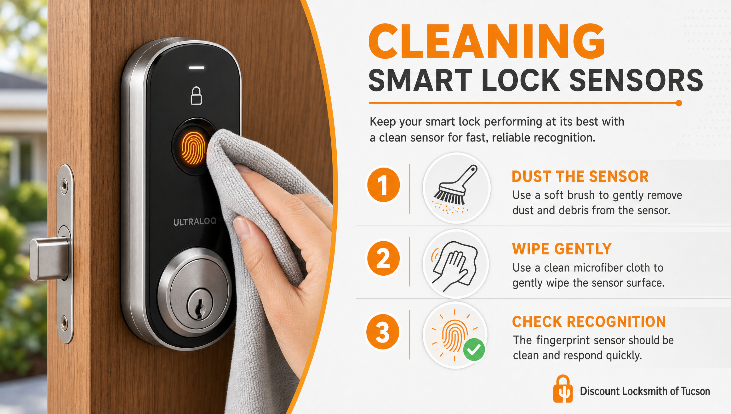 Infographic on cleaning smart lock biometric fingerprint sensors by Discount Locksmith of Tucson
