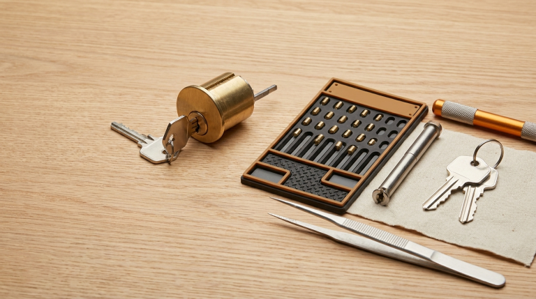 Brass lock cylinder and locksmith rekeying kit on a workbench in Tucson