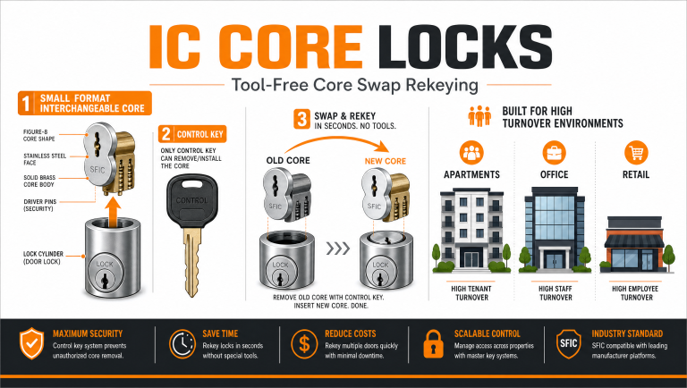 Infographic banner explaining IC core (interchangeable core) locks and tool-free rekeying for high-turnover businesses in Tucson