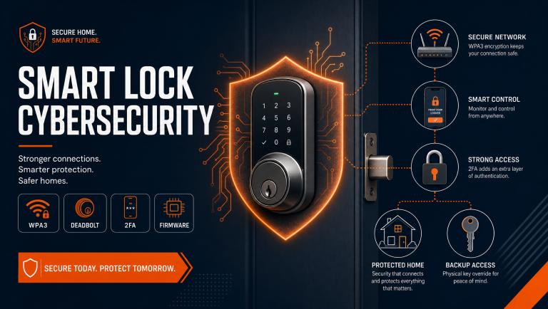 Smart lock cybersecurity infographic banner with a smart deadbolt protected by a digital shield