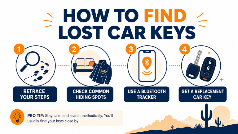 Infographic banner showing how to find lost car keys: retrace your steps, check hiding spots, use Bluetooth trackers, and get a replacement.
