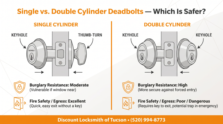 Infographic comparing a single cylinder deadbolt and a double cylinder deadbolt for home security in Tucson, AZ