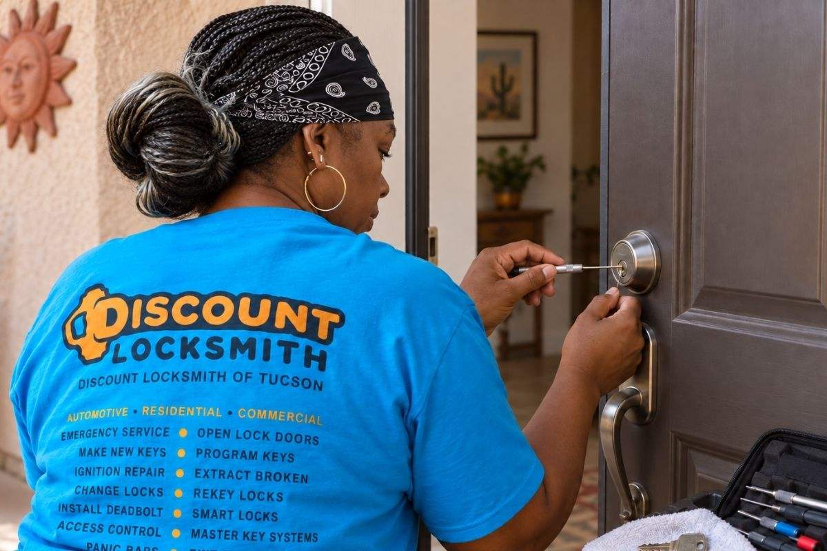 Emergency locksmith unlocking a car door during a lockout in Tucson, AZ