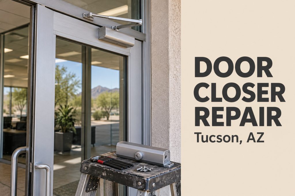 Door closer repair in Tucson on a commercial glass door